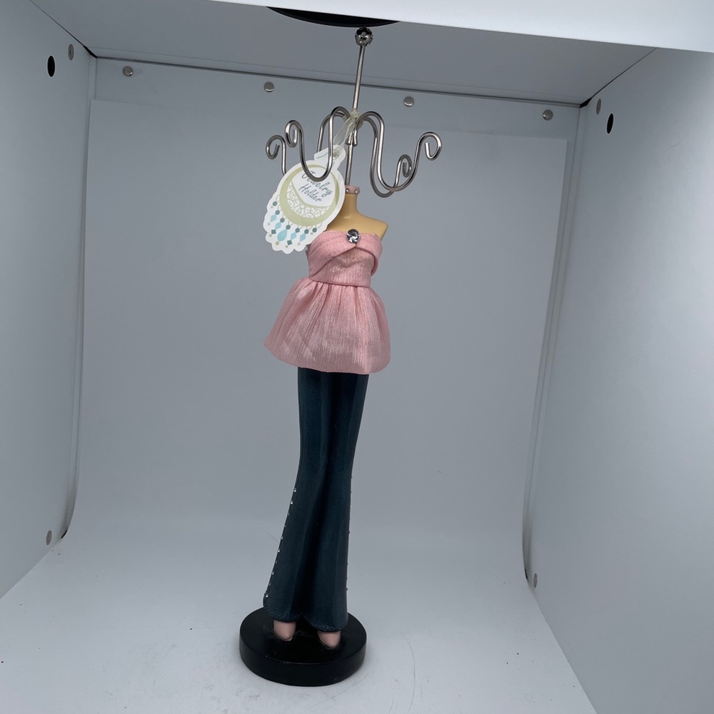 Jewelry Mannequin Holder, Pink Fabric Shirt With Jeans.